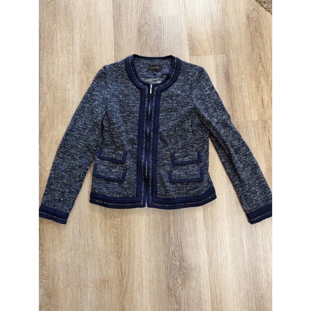 Talbots Navy Blue/White Tweed Style Zip Sweater Blazer Women’s Size 8 Jacket